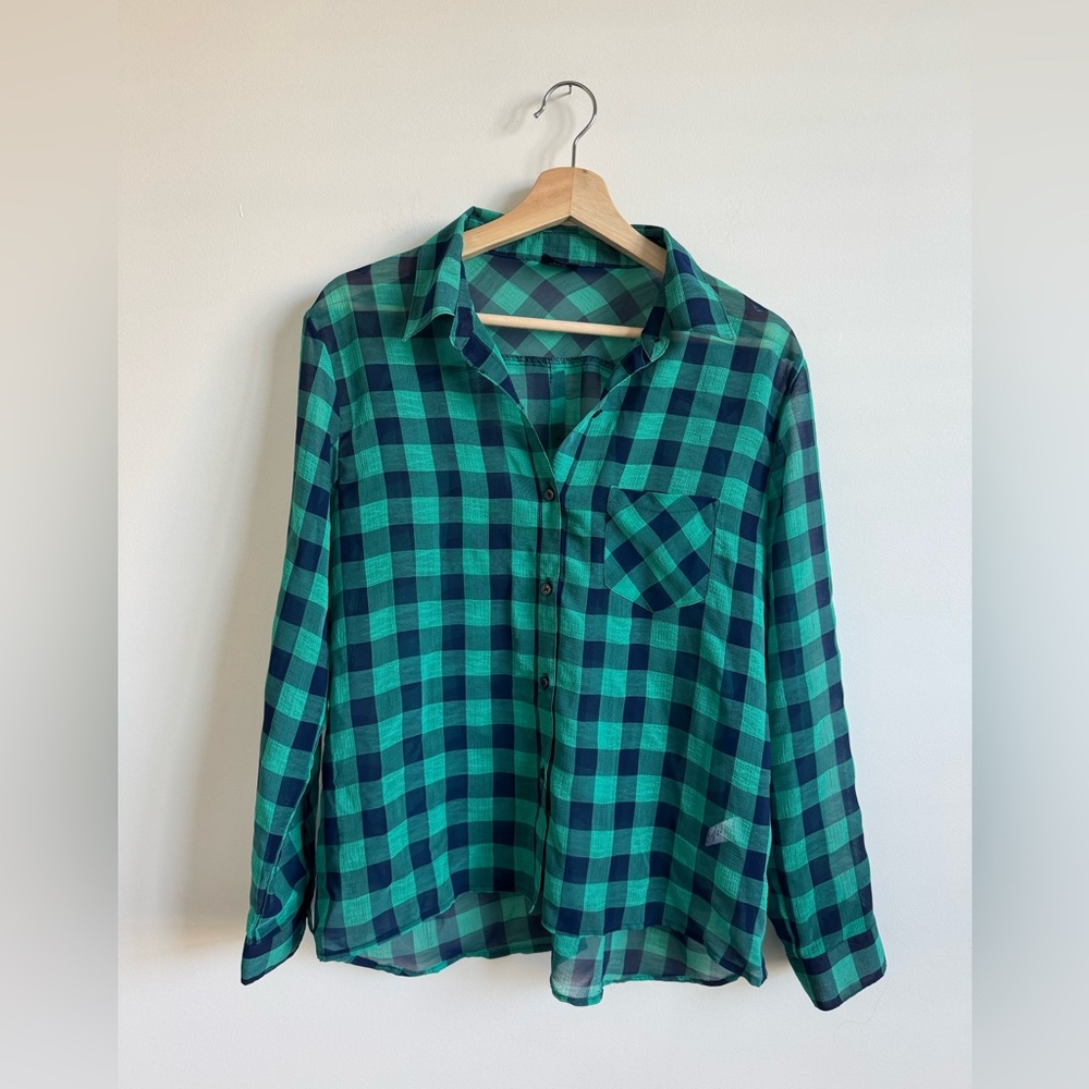 Sheer Plaid Button Down Blouse
